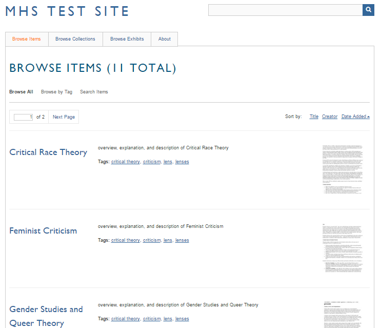 MHS Test Site Items screenshot