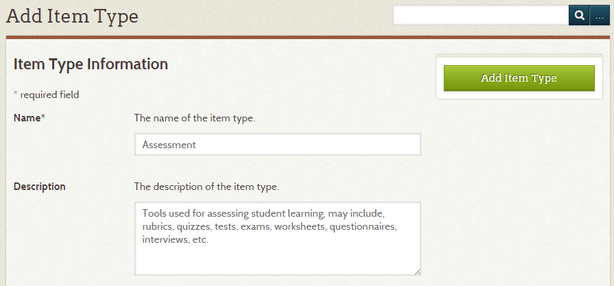 Omeka Add Item Type screen shot